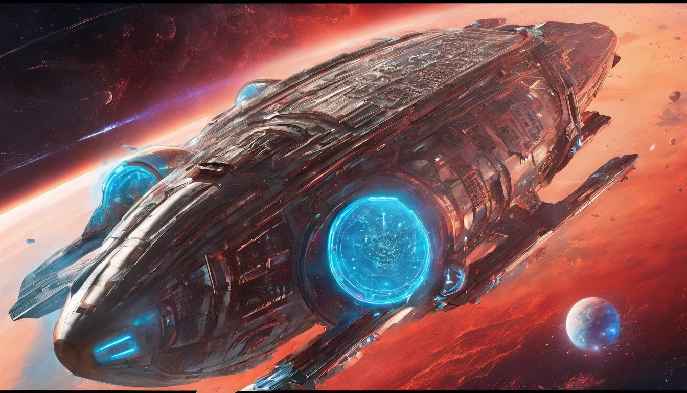A starship of Royalpunk style,very intricate details, aesthetic.The ship is adorned + gold royalistic ambiance, crimson red gears, levers, exact patterns, contrasting + its metallic crimson body.Background has stars, ships, & gigantic Earth-type planet.750k UHD 4D. Styles of Steven Spielberg, Harlan Ellison.Hyperrealistic, mid shot, color depth.