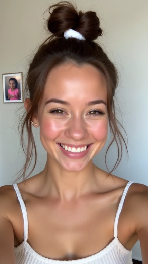 One person, Brown Hair, chest, smile, Blushing, Shortcuts,Braided topknot, Earrings, smiling, happiness/joy, collage, White hair band,