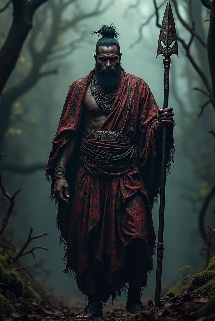 Create a realistic scary looking person holding spear dressed in traditional style logo that says kedewa