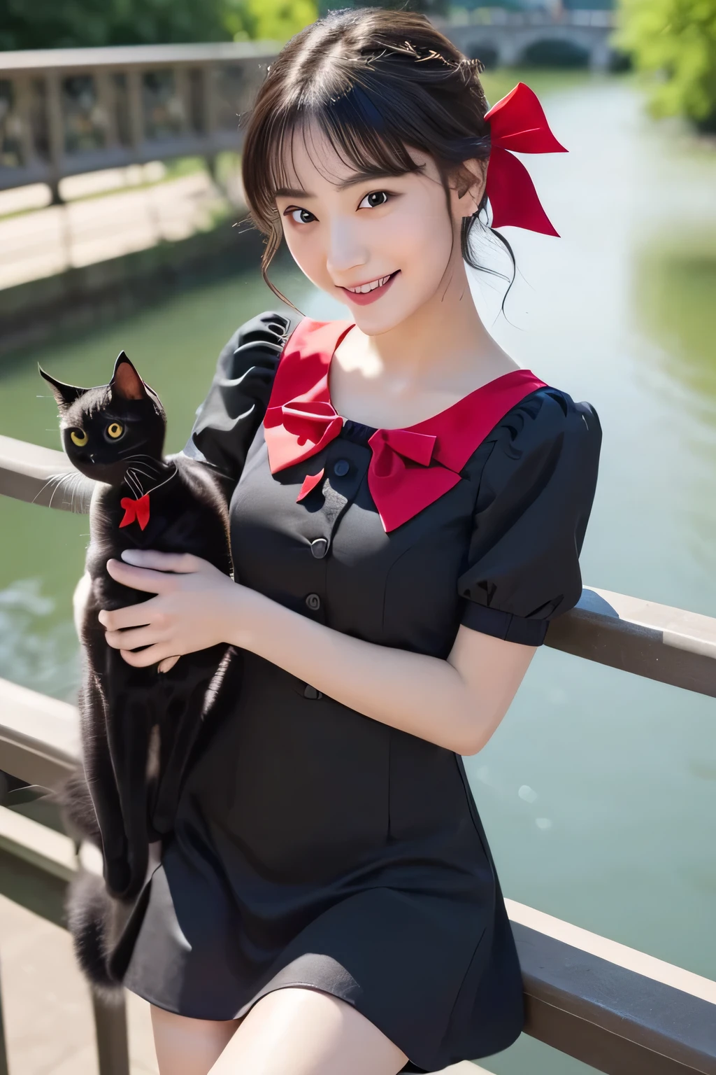 High quality, Ultra detailed, best quality, insanely detailed, beautiful, masterpiece, Describe Kiki's outfit from 'Kiki's Delivery Service.' She wears a black dress with short sleeves and a hem that falls above her knees. (big red ribbon is her hair:1.5), (her hair is styled in a short black bob), (There is a skinny black cat on the railing of the bridge:1.5), Leaning on the parapet of a London bridge, (close up face:1.3), smile