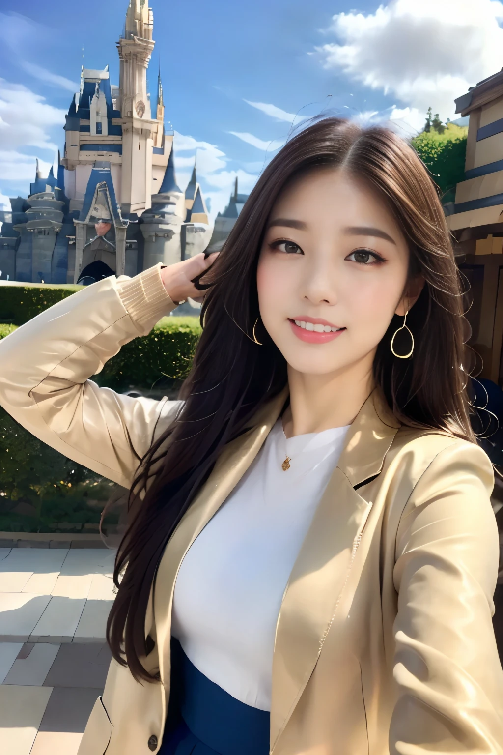 ((Highest quality, 8k, masterpiece :1.3)),Idol Sculpture,outside,Tokyo Disneyland,Cinderella Castle,erupt,(Full Body Shot),Very charming smile:1.3,Saggy breasts,Beautiful pose,Looking into the camera,Red lipstick:1.2,Dark lipstick:1.2, double eyelid,Navy blue mini skirt,(White blouse),(masterpiece: 1.3), (Maximum resolution: 1.4), (Ultra-high resolution: 1.2), Cinematic Light, Ultra-high resolution, Detailed eyes and skin, 8k resolution, Perfect Style, Beautiful expression,Highly detailed face,Glossy Lips:1.2,Straight Hairstyles,look forward to,(Yellow color jacket),Very tall,blue sky