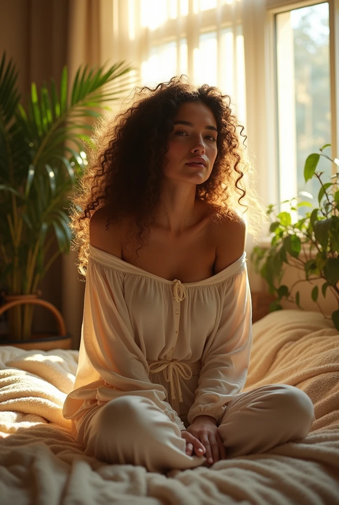 (photorealism:1.2), beautiful woman, sitting on bed, wearing loose off-shoulder top, pajama pants, long curly hair, indoors, soft lighting, plants in background, window with sunlight, cozy room, relaxed pose, realistic, intricate details, warm colors, by Greg Rutkowski, by Alphonse Mucha