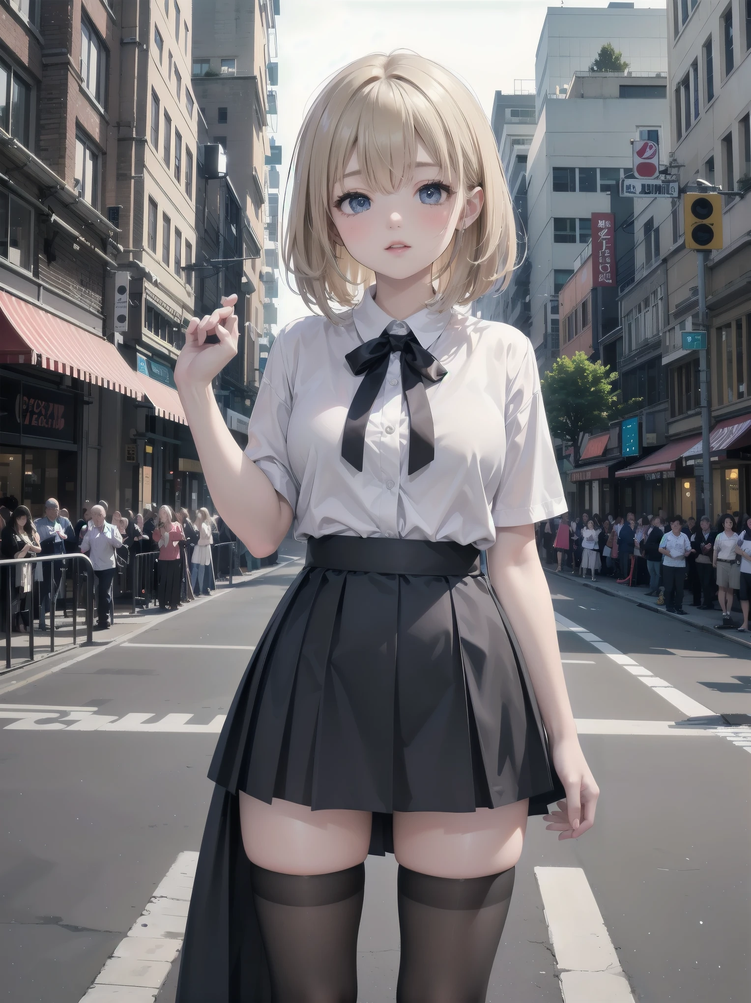 Highly detailed CG Unity 8k wallpaper, best quality, highly detailed, masterpiece, Highly detailed cute girl, 18 years old, (((lifting skirt by herself))), (lifting by herself), dynamic angles, sexy pose, blush, lips apart, looking at the audience , half body shot, (crowd), (crowded big city)), hair over one eye, immaculate beauty, upscale, less revealing clothing