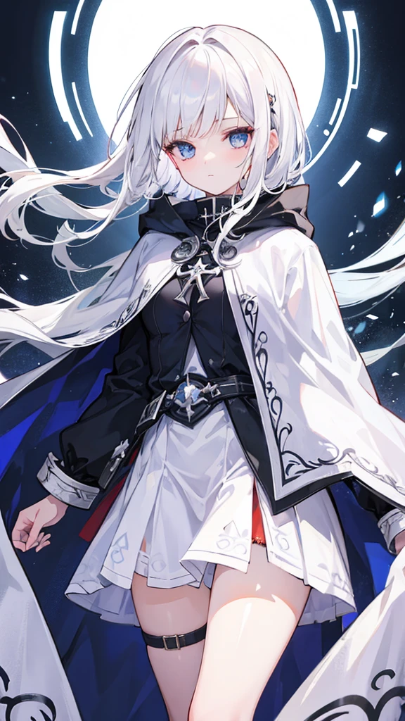 1 girl, necromancer, white hair, cloak, skirt