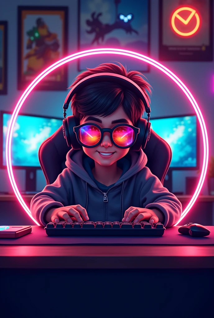 Make a logo with a cool gamer boy wearing glasses and a computer room.