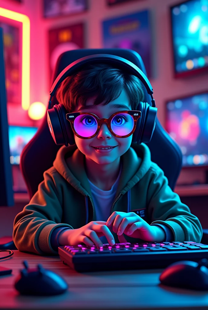 Make a logo with a cool gamer boy wearing glasses and a computer room.
