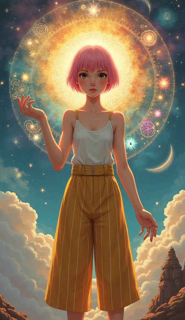 (masterpiece, best quality:1.3),poster,cropped arms,(clear skin,detailed eyes),1girl,age girl,solo,short hair,large eyes,large breasts,female , Middle-aged, Agile, Scandinavian, Chestnut eyes, Narrow Chin, Receding Jaw, Angular Forehead, Square face shape with Angular Jaw, , Pink Undercut hair, Puzzlement, Alchemical Transmutation, Fingers forming alchemical symbols, wearing Pinstripe Barkcloth Goldenrod Culotte pantsuit, Camisole, , , and Conjure (Time compression,Liquid,mammatus clouds,Whipping,Time Crystal Facades Vibration,Convection,Cuboid,Triangle ,Astral magic:1.0), Immersed in an intricate magical map, navigating its arcane paths, Radiant Halo,sleepygimp,
