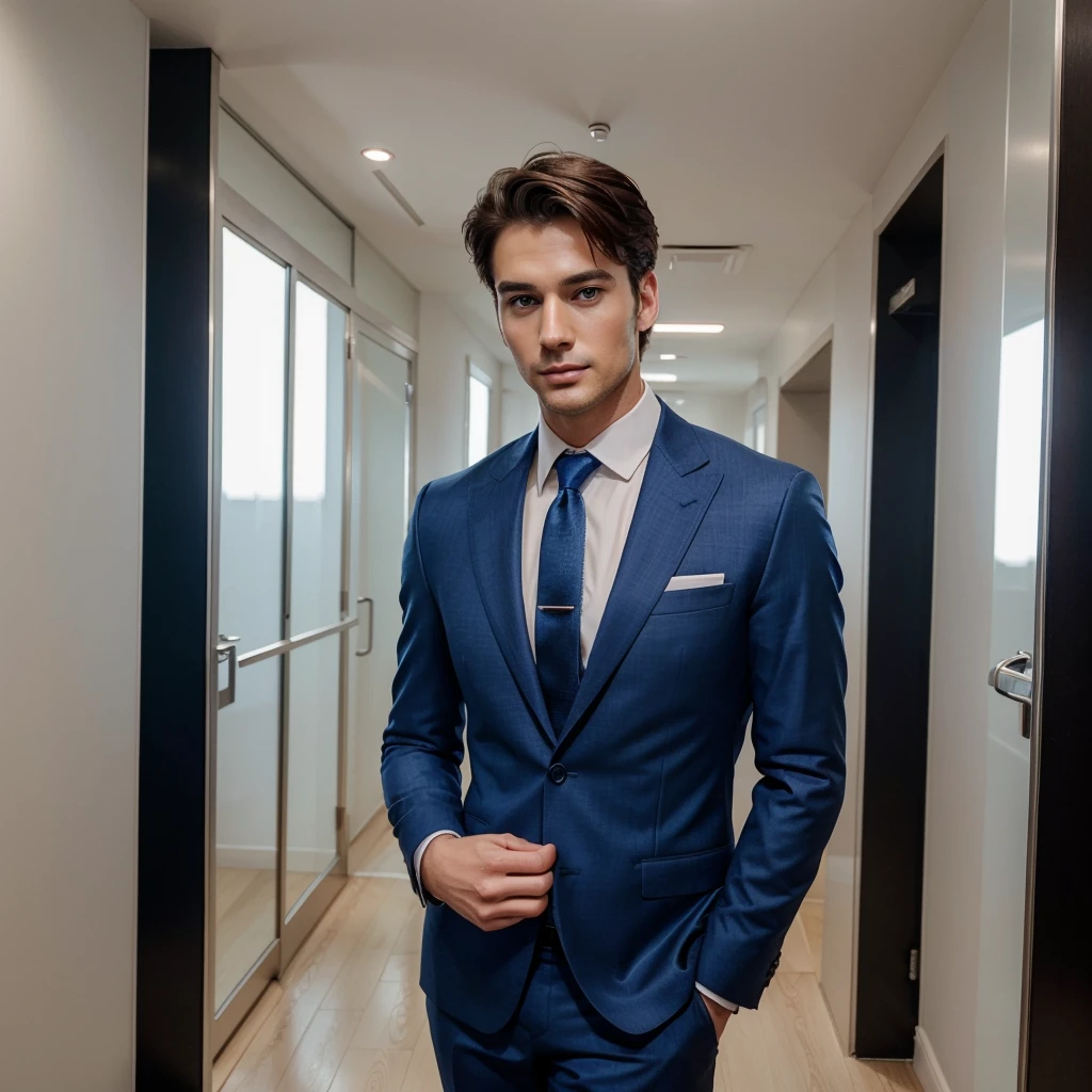 make a super handsome man who is in his late 20s but looks young he has a strict CEO look on his face wears a nice suit,has blue pretty eyes,is tall and has a big and very nice built