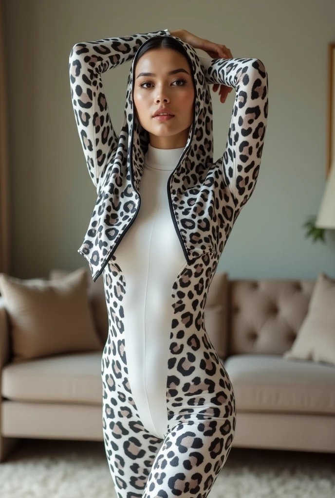 A most beautiful and thin 23 years old chinese contortion girl wearing a glasses wears white leopard Lycra turtleneck unitard catsuit covered with seamless black leopard paterns.She always wear Lycra dancewear hijab-like hood.She has beautiful cheeks on her face.She performs contortion in the house.