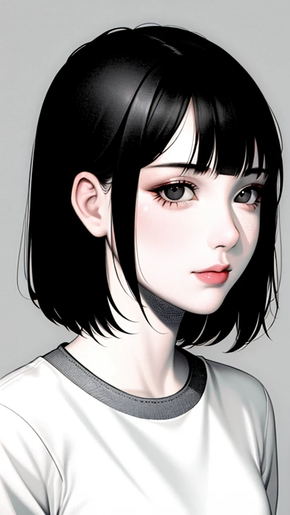 1girl, solo, monochrome, greyscale, short black hair, portrait, shirt, closed mouth, looking at viewer, sketch, graphite \(medium\), small lips, hatching \(texture\), without makeup, bangs, upper body,