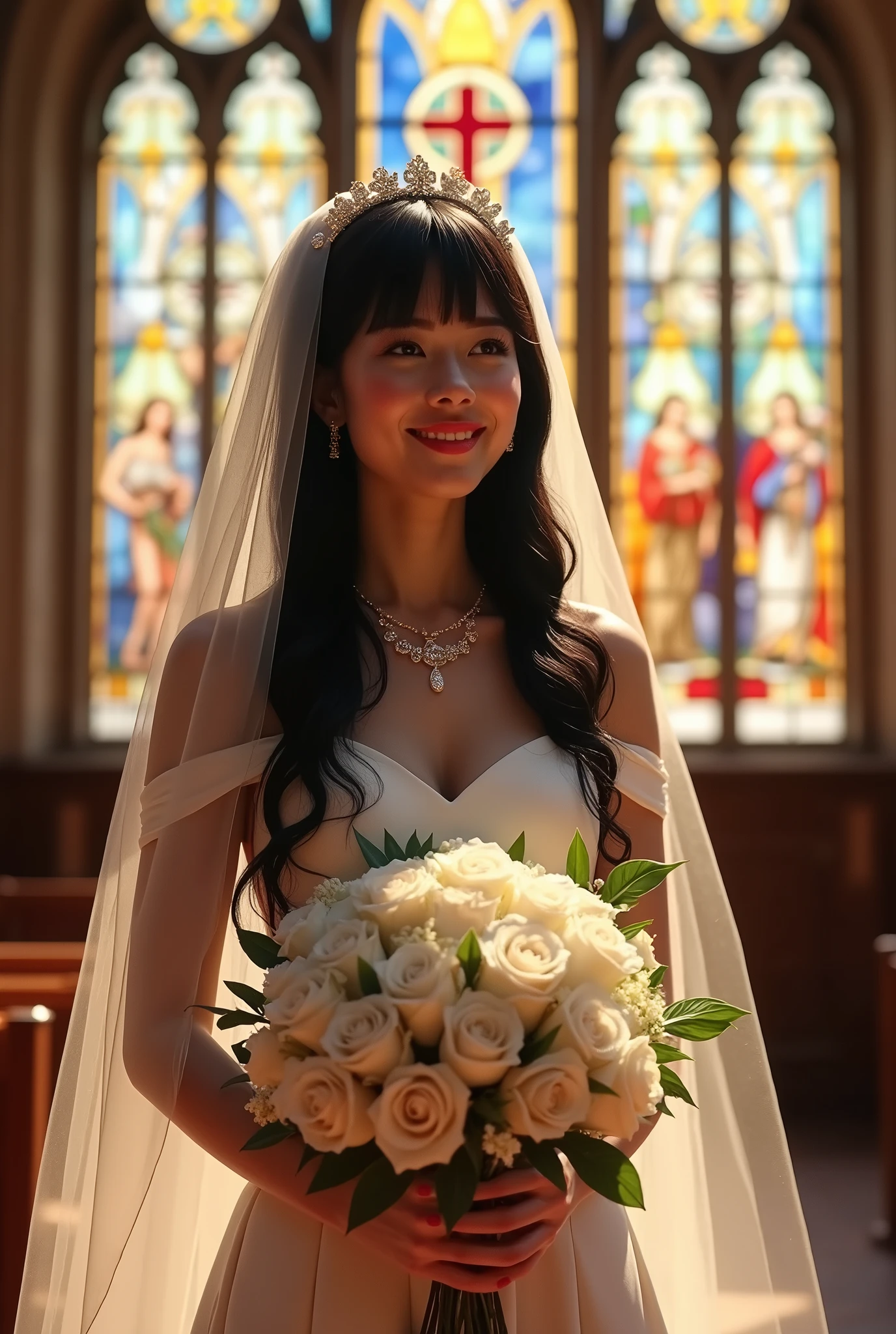 (masterpiece:1.3), (best quality:1.2), very aesthetic, (ultra high resolution:1.2), (extremely details:1.2), (intricate detailed:1.3), realistic, ray tracing, volumetric lighting, ambient occlusion, beautiful artwork, 3DCG, depth of field, 1girl, (holding bouquet:1.1), milf, solo, detailed beautiful face, detailed beautiful black eyes, black hair, straight long hair, blunt bangs, detailed beautiful oily skin, plump, (gigantic breasts:1.4), (sagging breasts:1.2), ruanyi0261, off-shoulder dress, pearl \(gemstone\), tiara, veil, silk, wedding dress, indoors, chapel, stained glass, torch, bridal ceremony,