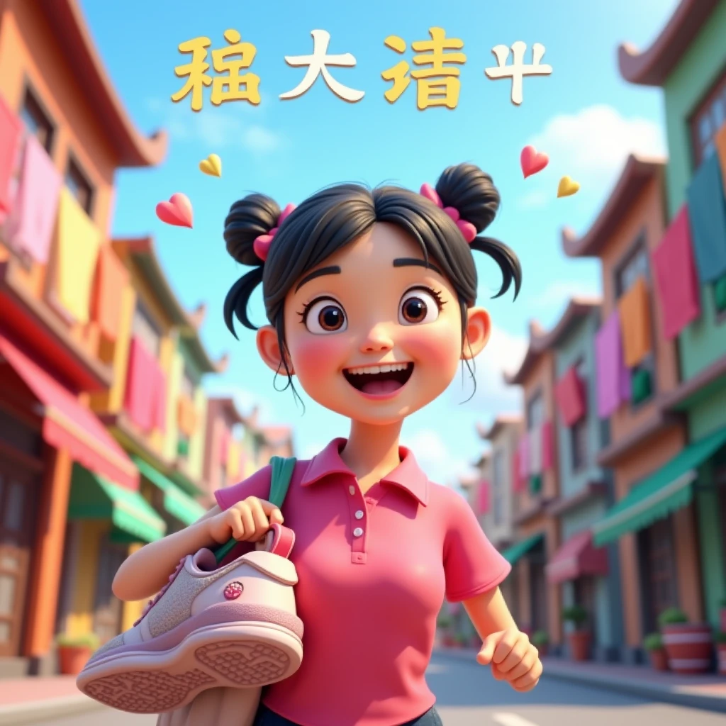 3D cartoon, HD, a Chinese woman as a laundry courier, wearing a pink shirt, carrying a SHOE, the title says "CUCI SEPATU MU" , no logo