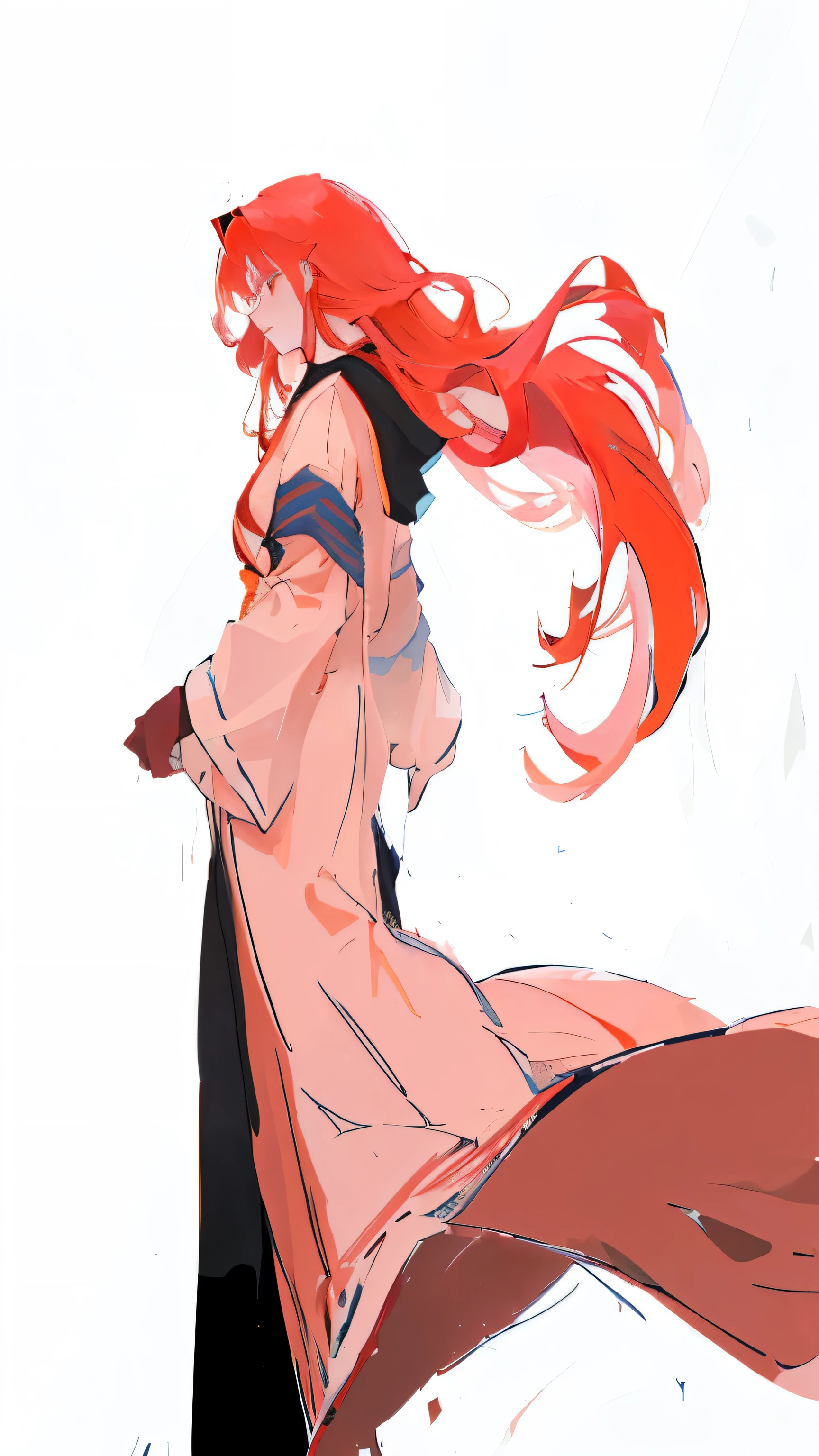 anime girl Redhead and long red hair walking, Flowing hair and long robes, Wearing a long haired cloak, Long Red Hair, She has long reddish-orange hair, dragon, Inspired by Yosai Kikuchi, fire!! whole body, Works inspired by Toshusai Sharaku, Redhead, Singey