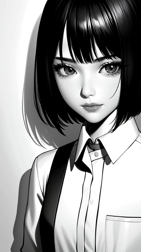1girl, solo, monochrome, greyscale, short black hair, portrait, shirt, closed mouth, looking at viewer, sketch, graphite \(medium\), small lips, hatching \(texture\), without makeup, bangs, upper body,