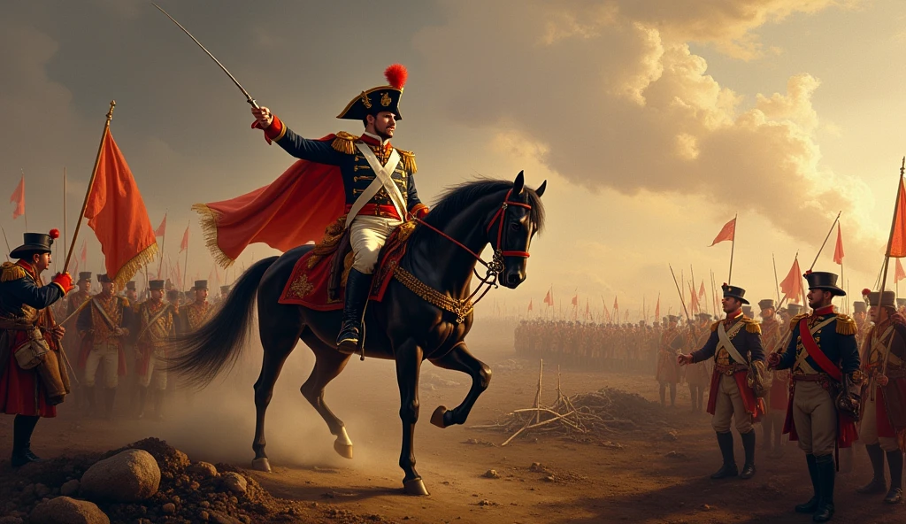 "A victorious Napoleon riding on horseback through the battlefield, with cheering soldiers around him