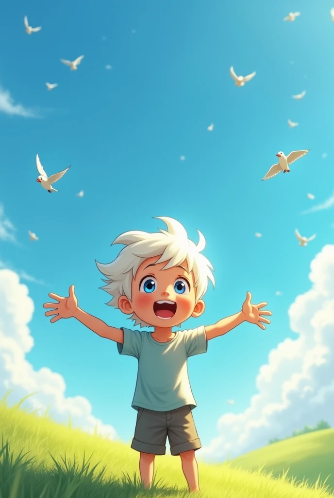 Draw for me a 7-8 year old boy, spreading his arms under the sky, the boy has shimmering white hair, a bright smile, mysterious blue eyes, and there are birds hovering in the sky. 