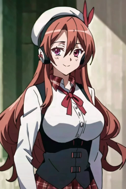 (extremely detailed), (masterpiece), (best quality), (ultra-detailed), (best illustration), (best shadow), (absurdres), (blurry background), Chelsea, 1girl, solo, long hair, headphones, red hair, plaid, smile, red eyes, vest, plaid skirt, (white beret), white hat, looking at viewer, pink eyes, anime coloring, big breasts, (simple background)