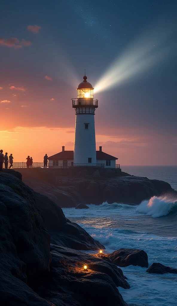 Visitors at a lighthouse in day and night