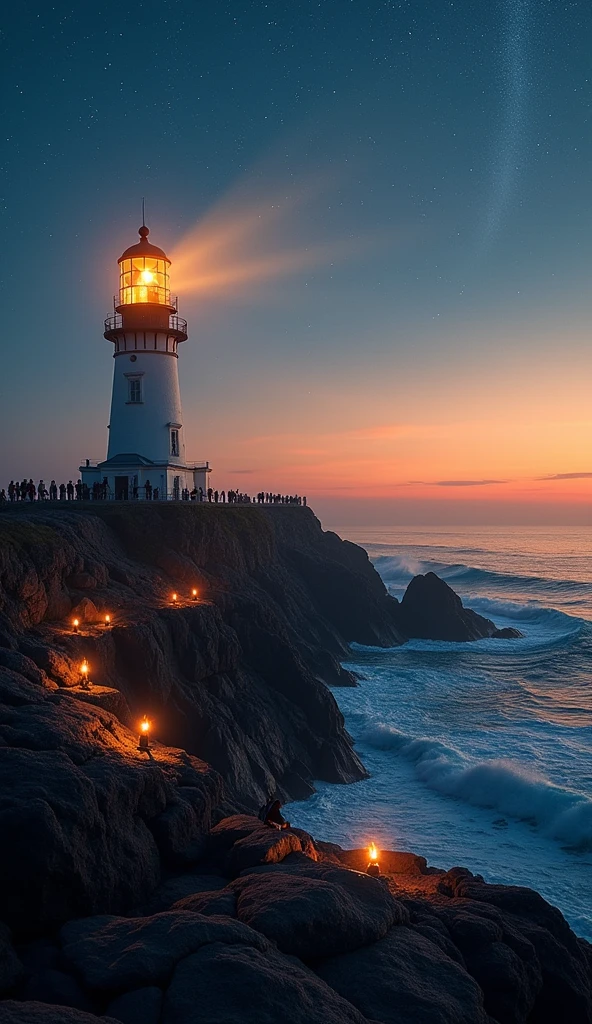 Visitors at a lighthouse in day and night