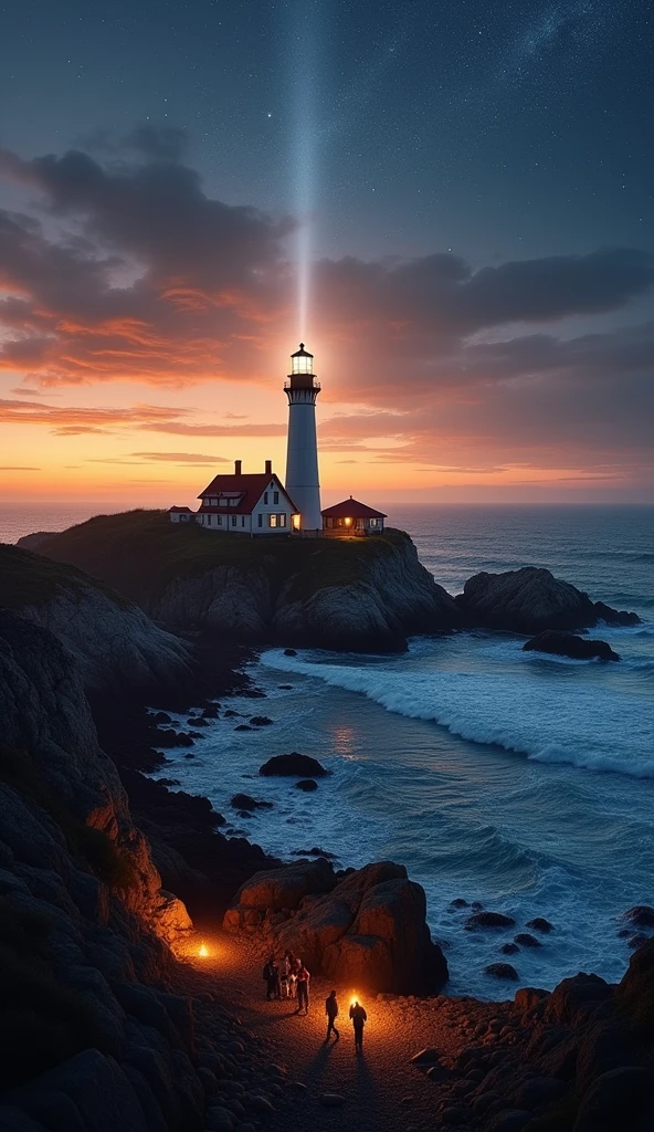 Visitors at a lighthouse in day and night