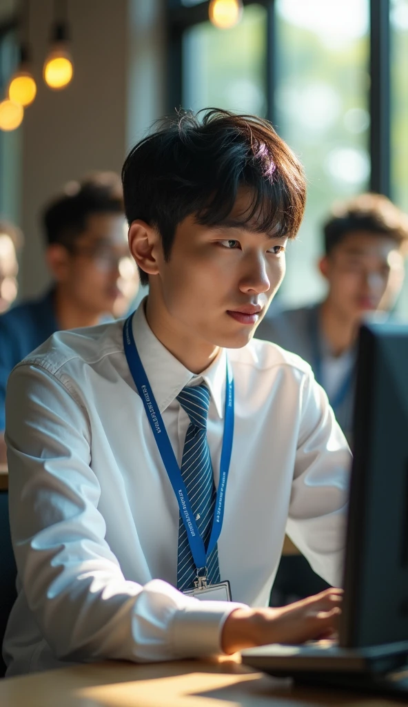 (Masterpiece), (complicated:1.3), (Realistic), Portrait of a man, Age 18, Has a Thai face, fine and handsome., I look like a black Korean star., Single eyes, Black eyes , cool , be happy, thin, (wearing a long-sleeved white shirt with a blue tie), looking for people, (Look through her computer),His necktie has a 45-degree diagonal pattern, blue, He is in the computer room at college., Dark tones, The soft sunlight, Professional photographer taking detailed photos of young men, Student style, (He has a blue student ID lanyard.) , Have clarity, dramatic, Awarded first prize, Cinematic lighting, (flim grain, blurred background,Blurred background, bokeh, depth of field), Taking a picture with 3 friends, laptop ,Person 1 is handsome, Person 2 is beautiful , Person 3 is tall and muscular