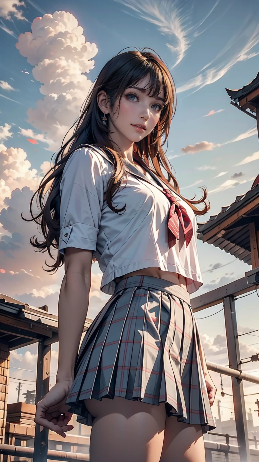 (8k, RAW Photos, Highest quality, masterpiece:1.2)、(Genuine、Realistic:1.37)、1 person、Japanese、Black Hair、Long Hair、(From below:1.4), (a 18years old pretty Japanese girl standing on rooftop of the building、school uniform)、((View your audience))、(White Sailor Suit High 、Ribbon on chest、mini skirt、Pink and gray checked pleated skirt、White panties)、(White panties can be seen from the pleated skirt)、((Sunset sky、cloud))