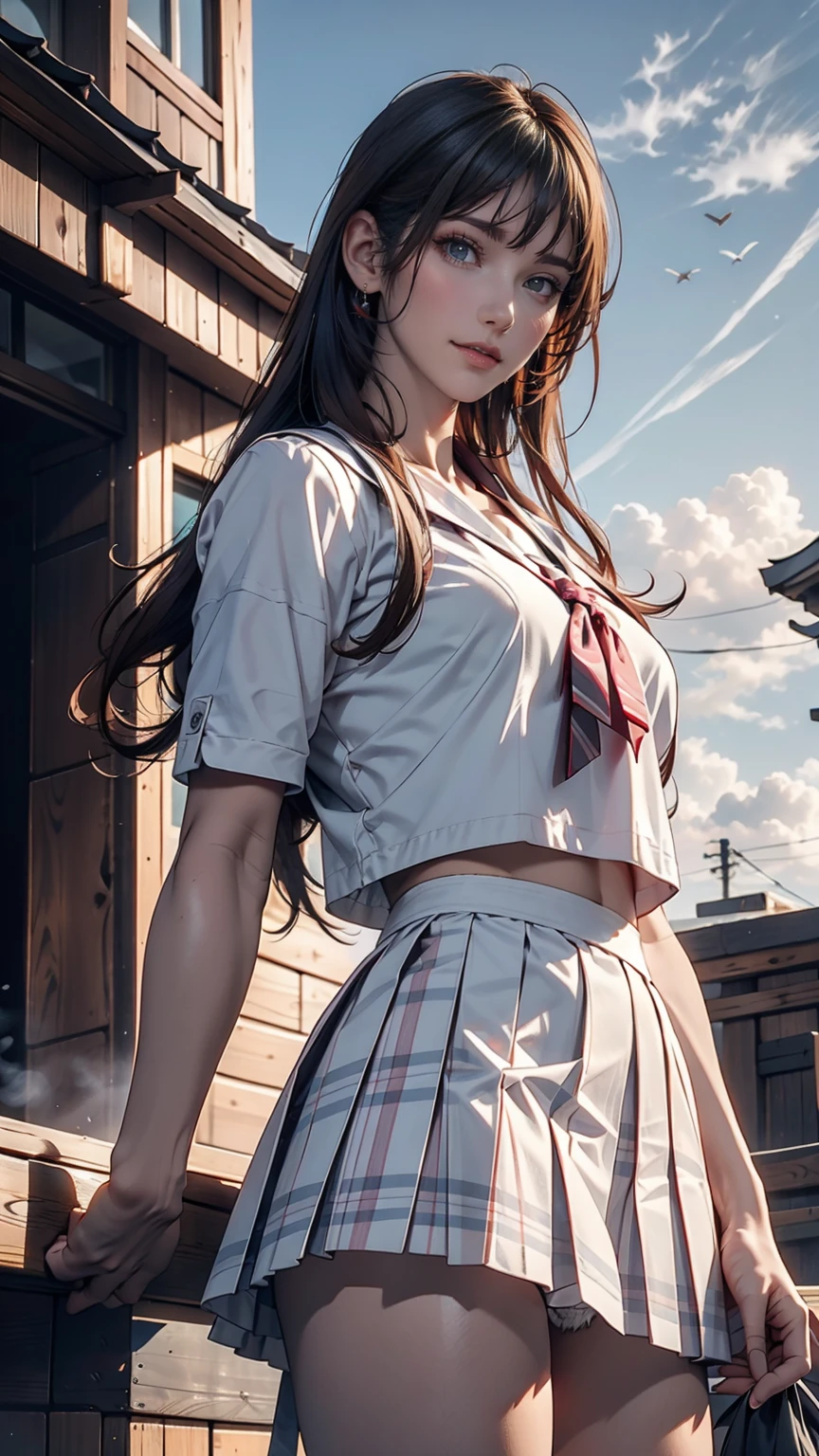(8k, RAW Photos, Highest quality, masterpiece:1.2)、(Genuine、Realistic:1.37)、1 person、Japanese、Black Hair、Long Hair、(From below:1.4), (a 18years old pretty Japanese girl standing on rooftop of the building、school uniform)、((View your audience))、(White Sailor Suit High 、Ribbon on chest、mini skirt、Pink and gray checked pleated skirt、White panties)、(White panties can be seen from the pleated skirt)、((Sunset sky、cloud))