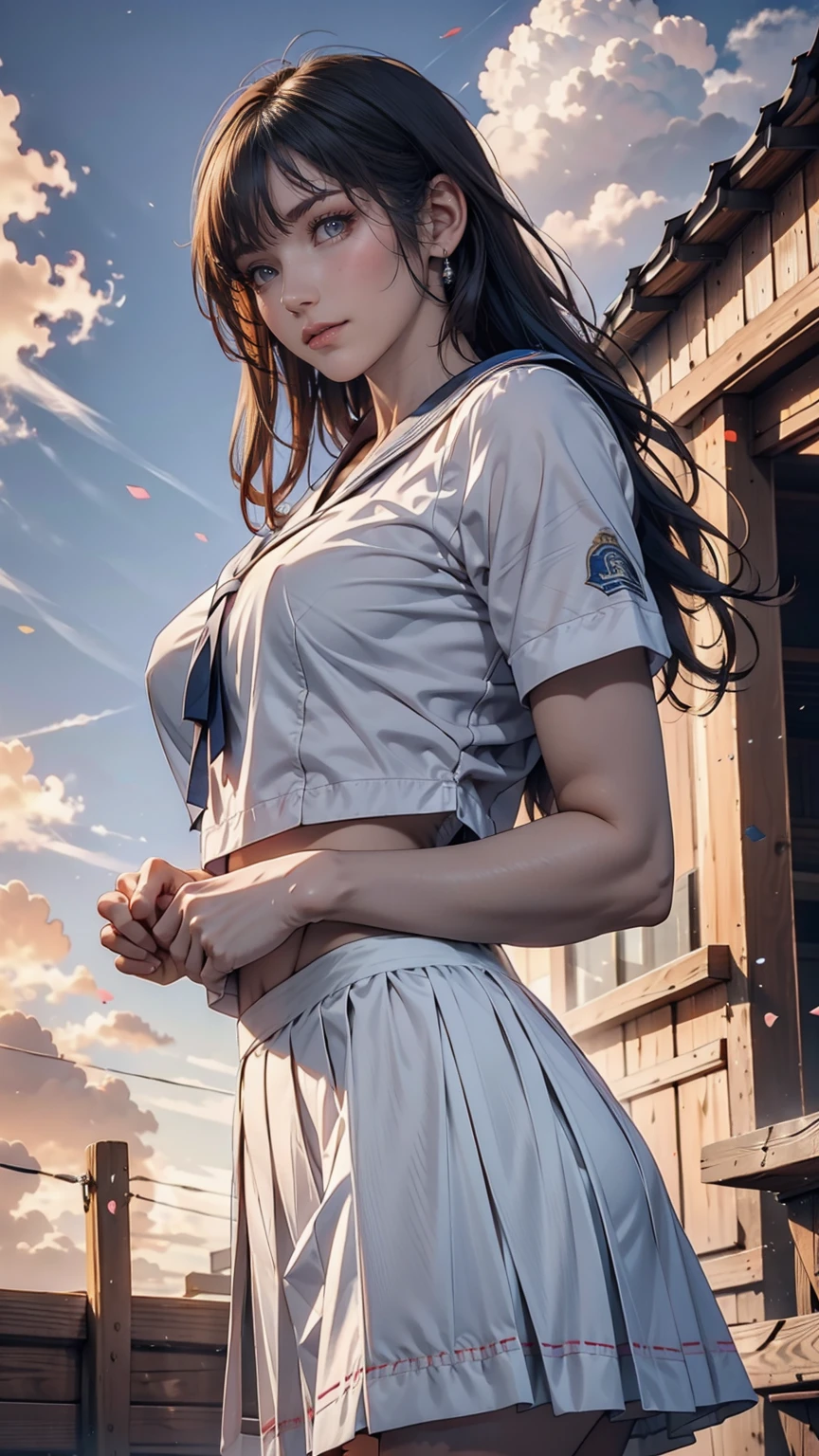 (8k, RAW Photos, Highest quality, masterpiece:1.2)、(Genuine、Realistic:1.37)、1 person、Japanese、Black Hair、Long Hair、(From below:1.4), (a 18years old pretty Japanese girl standing on rooftop of the building、school uniform)、((View your audience))、(White Sailor Suit High 、Ribbon on chest、mini skirt、Pink and gray checked pleated skirt、White panties)、(White panties can be seen from the pleated skirt)、((Sunset sky、cloud))