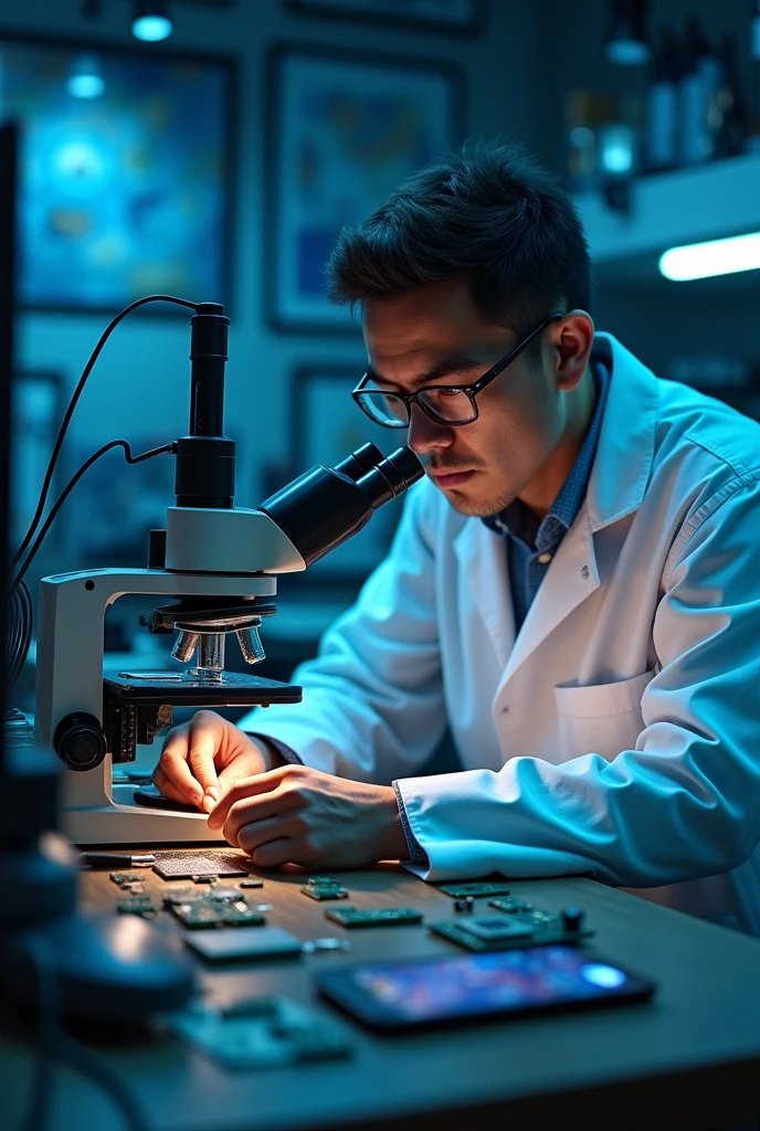 A bespectacled cell phone technician working with a microscope, computer,solder and advanced equipment