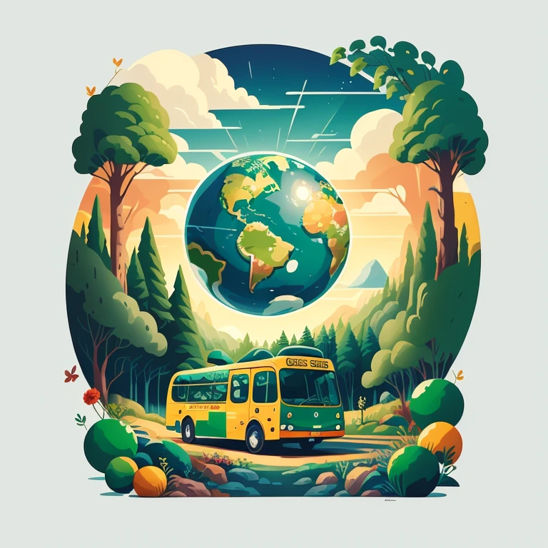 Earth Day poster, flat illustration, super cute bus in green spherical globe, trees, flowers, landscape, blue, green, yellow, simple background, center composition, bright colors, chiaroscuro, super high detail, 4k, flat illustration
