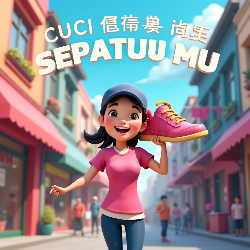 3D cartoon, HD, a Chinese woman as a laundry courier, wearing a pink shirt, carrying a SHOE, the title says "CUCI SEPATU MU" , no logo