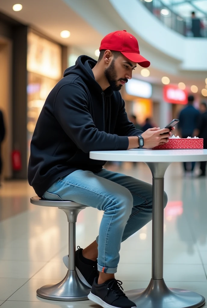 best qualityer:1.4), (ultra high resolution:1.2), (photorrealistic:1.4), (8k, CRU photo:1.2), A 20-year-old man, light brown skin, American short haircut, sem beard, Red cap, black jersey, light blue jeans that reach the ankles, black sneakers, he's sitting at a shopping mall table, looking at his phone. There's a bag on top of the table