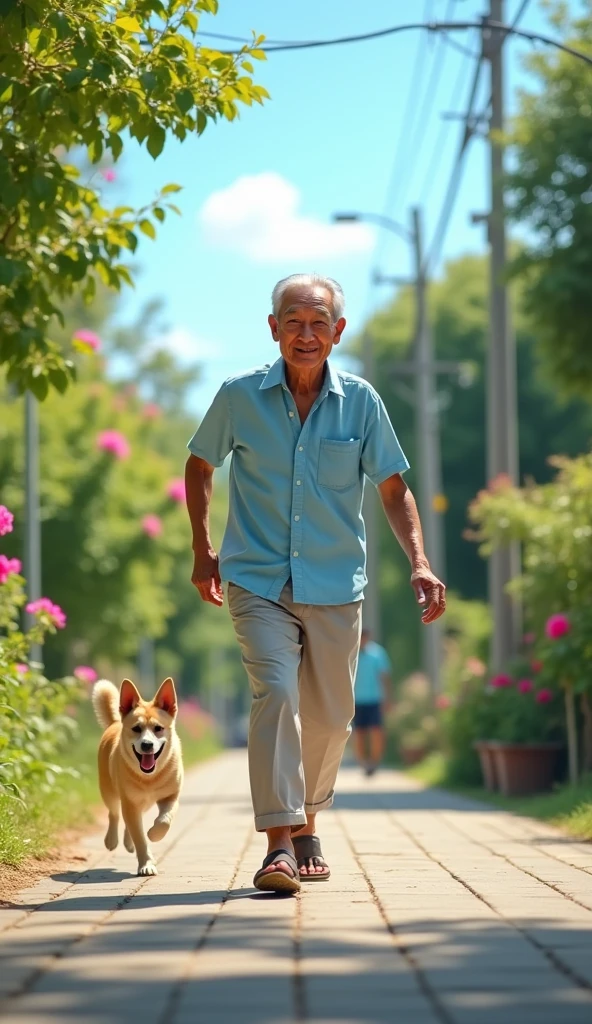 Mr. Tu is an old man over 60 years old., skinny, dark skin, short neat silver hair. He wore a light blue short-sleeved shirt., light gray khaki pants, brown rubber sandals. His face was full of wrinkles but gentle and cheerful..The Shoe Lost In A Hurry, Mr. Tu dropped a shoe and had to go back to look for it while the dog was still chasing him.. 3D image 