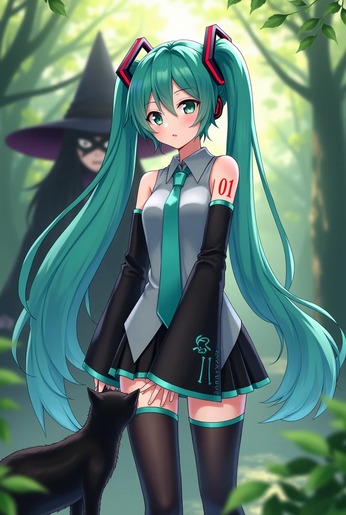 Anime art, anime style, detailed drawing, forest background, high definition, high quality, one girl, solo, Hatsune Miku, aqua hair, twin tails, headphones, number tattoo "01" (red colored number tattoo, located on her right hand), grey sleeveless collared shirt, black detached sleeves with aqua lines, five fingers with aqua nails, aqua necktie, black pleated mini skirt with aqua lines, zettai ryouiki, thigh-high black boots with aqua lines.
Miku Hatsune gently strokes the head of a black cat; there's a witch following her behind.