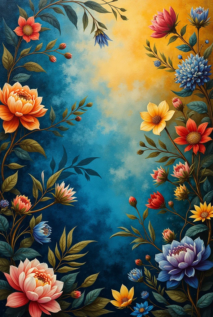 close-up of a Renaissance style painting featuring a vibrant background of complementary colors with a mix of blue and yellow tones. The painting is adorned with a variety of floral elements that add to its visual appeal