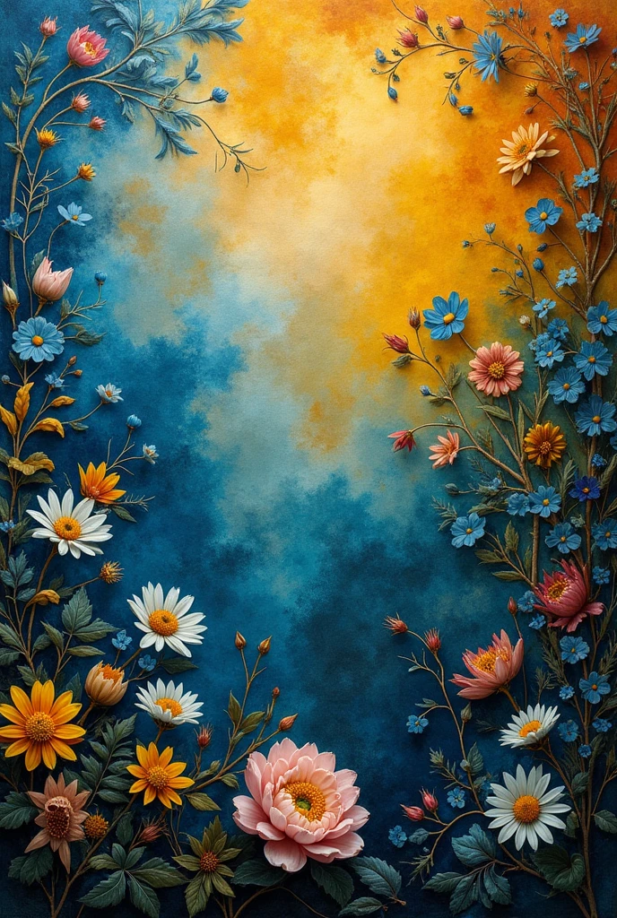 close-up of a Renaissance style painting featuring a vibrant background of complementary colors with a mix of blue and yellow tones. The painting is adorned with a variety of floral elements that add to its visual appeal