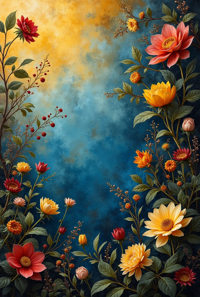 close-up of a Renaissance style painting featuring a vibrant background of complementary colors with a mix of blue and yellow tones. The painting is adorned with a variety of floral elements that add to its visual appeal