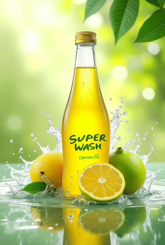 Super wash lamon DISHWASH logo 
Lamon background 
Yellow clear liquid bottle 