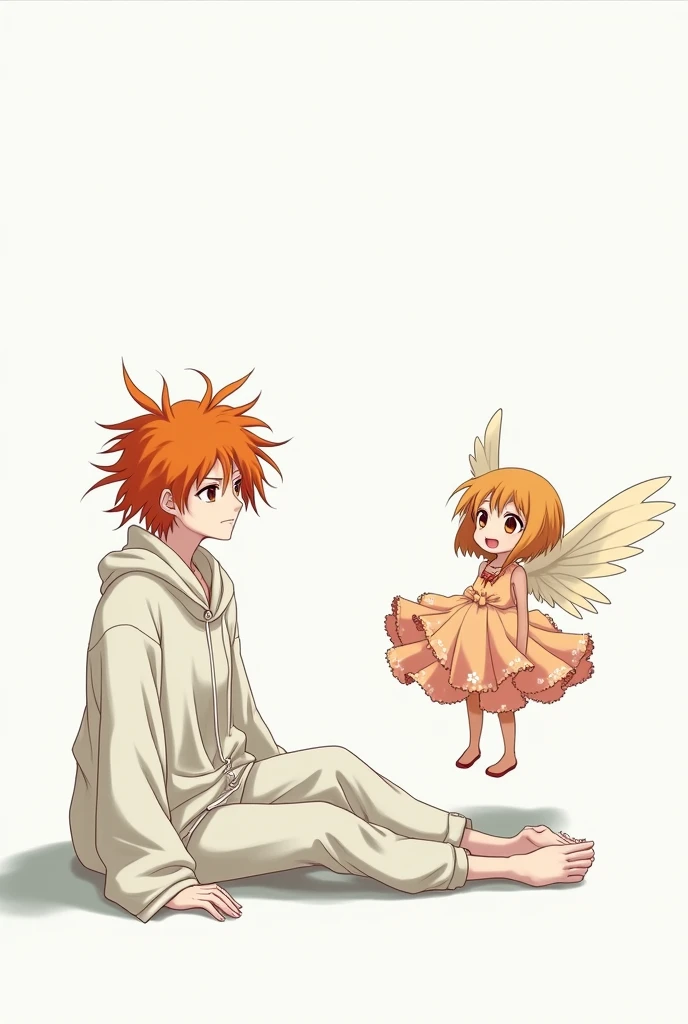 A white-skinned woman with messy orange hair, looking bored in loose clothing, against a white background with a winged anime girl with tanned skin, short straight hair, and a floral dress smiling.
