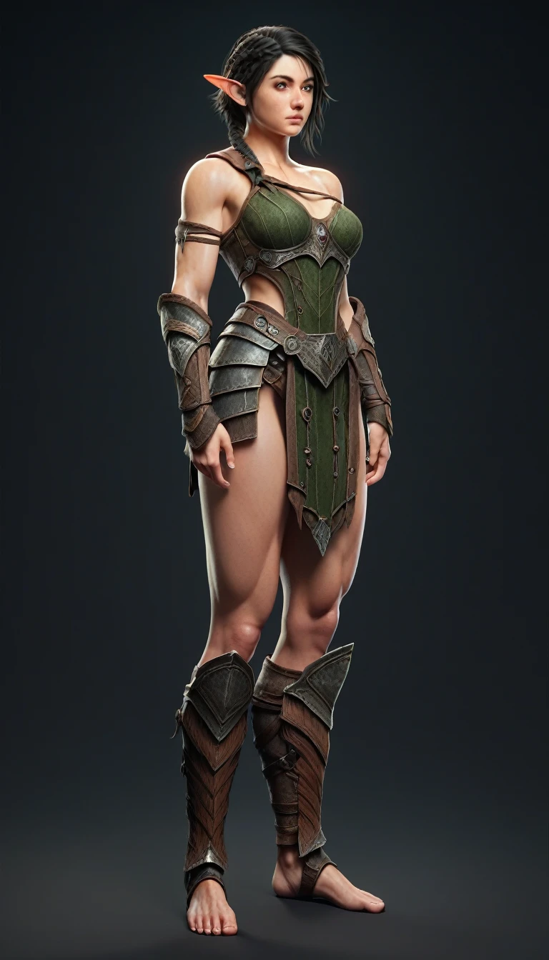 masterpiece, newest, 
(solo, 1girl, elf girl), 
(black hair, short hair, one side tough hair braid), 

(huntress, muscular body), 

(detailed face, detailed eyes, brown eyes), 
(wearing armor), full body portrait,