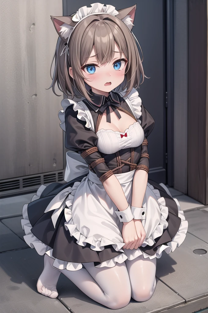 Solo Girl, 20-year-old,Medium Hair, Light brown hair, Mid-chest, highest quality, High resolution, Very detailed, Detailed Background, Perfect lighting、Extreme maid outfit、very cute, Blue eyes, a pair of cat ears, Blush, White pantyhose, No shoes on, Bound by a rope, Kneeling on the ground, scared expression, Bind hands and feet