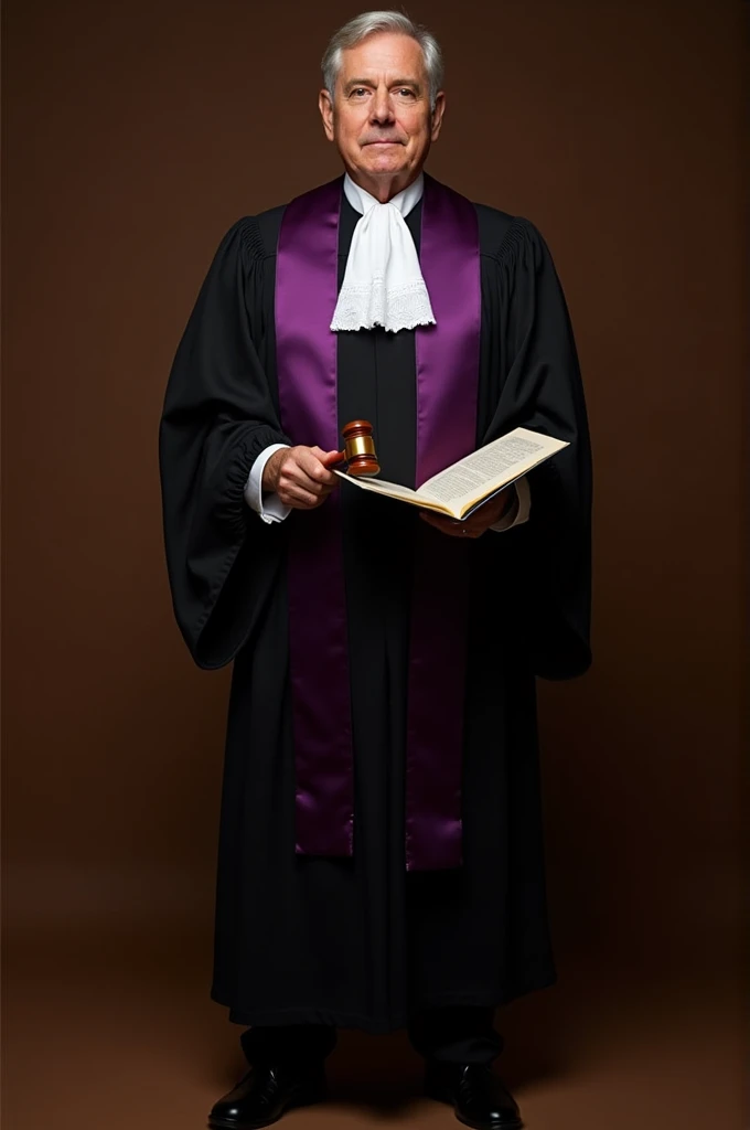 Create a realistic full-front view portrait of a judge. The judge should be depicted in formal judicial attire, including a black robe with a sash and traditional judicial collar. Ensure that the judge's face is expressive and conveys authority and wisdom. The hands should be clearly visible, one potentially holding a gavel or a legal document. The feet should be positioned in a professional manner, visible from the front, ideally wearing formal black shoes. The overall presentation should embody the gravitas and professionalism expected of a judge in a courtroom setting.