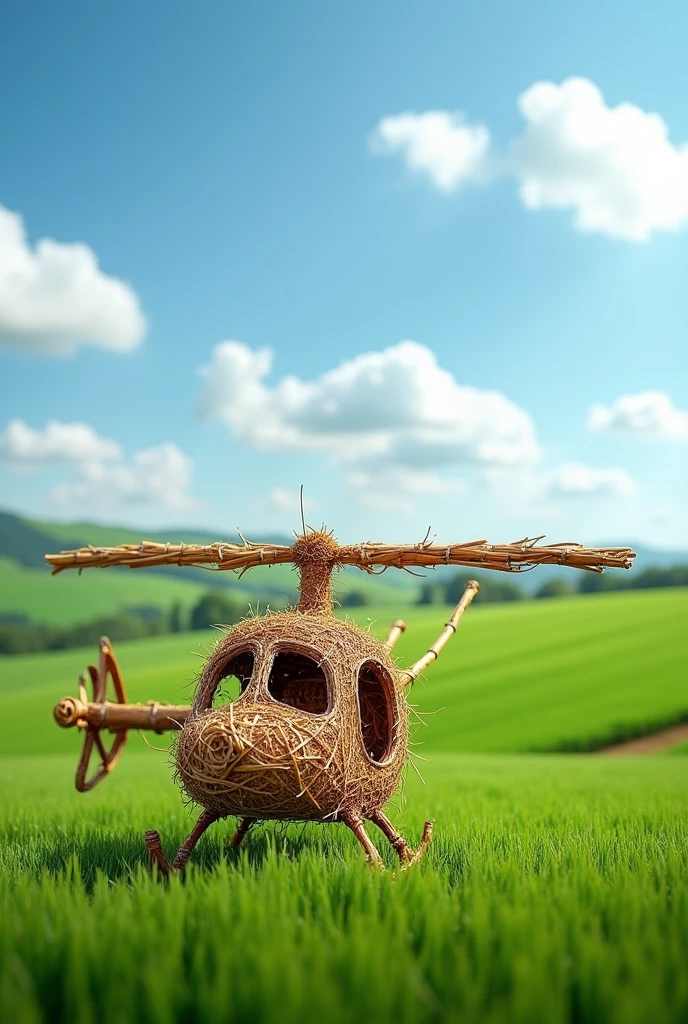 This image shows a helicopter made entirely out of bamboo and straw, placed in a rural setting with green fields in the background.