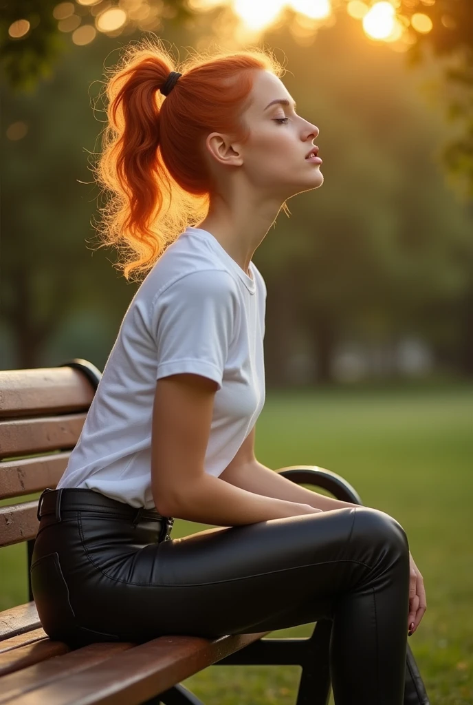 Soft focus portrait of a stunning 18-year-old girl with fiery red locks tied in a ponytail, basking in the warm glow of sunset on a park bench amidst lush greenery. The black leather pants and white T-shirt accentuate her toned physique, while oversized breasts peek out from beneath the shirt. High heels add an air of sophistication. Her mouth is slightly agape, eyes closed, lost in the moment.
