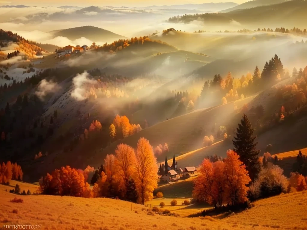 Under the misty sky,the Araf landscape of the mountain village, warm light of the autumn sunrise, Warm and beautiful scene, Soft autumn sunshine, Autumn Light, Mountains in autumn, Ukraine. photography, transylvania, autumn, Golden Morning Light, mist in valley, autumn sunset, bathed in a golden glow, Mysterious orange fog, The colors are brilliant and rich