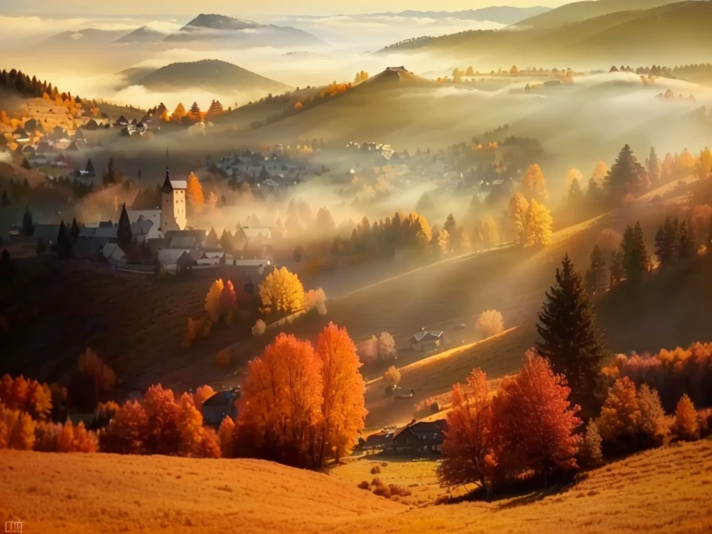 Under the misty sky,the Araf landscape of the mountain village, warm light of the autumn sunrise, Warm and beautiful scene, Soft autumn sunshine, Autumn Light, Mountains in autumn, Ukraine. photography, transylvania, autumn, Golden Morning Light, mist in valley, autumn sunset, bathed in a golden glow, Mysterious orange fog, The colors are brilliant and rich