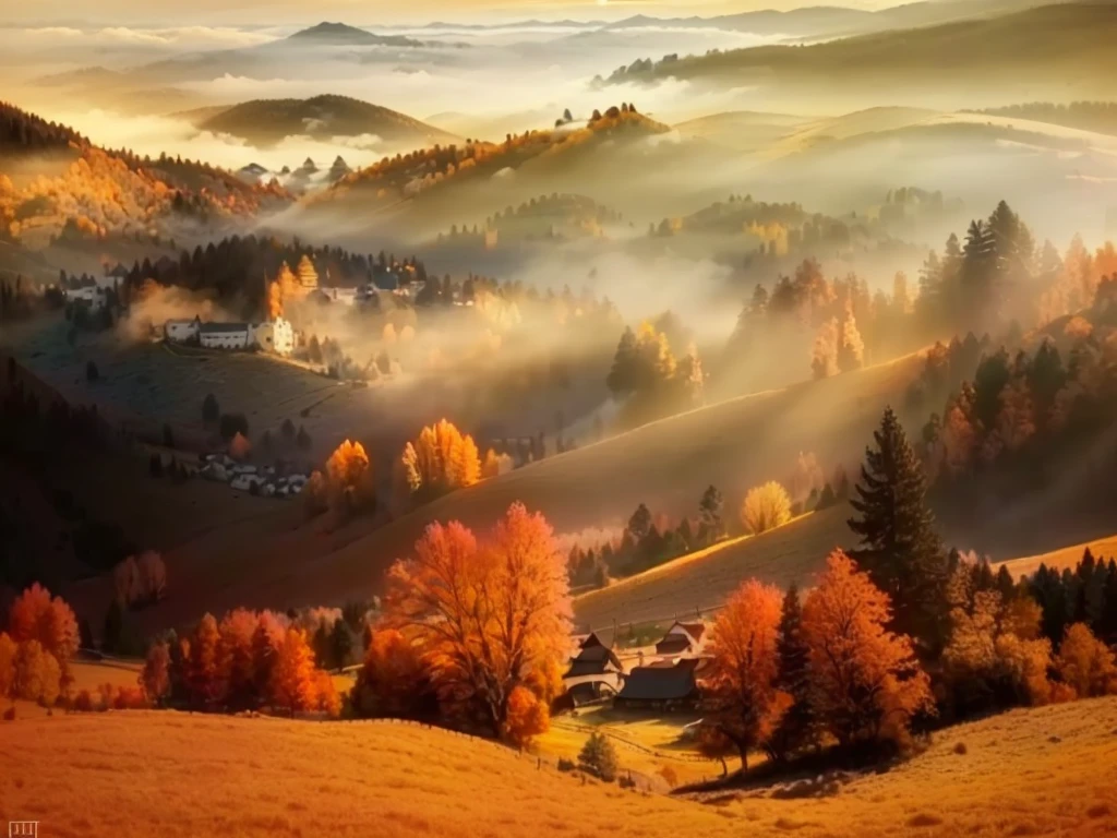 Under the misty sky，the Araf landscape of the mountain village, warm light of the autumn sunrise, Warm and beautiful scene, Soft autumn sunshine, Autumn Light, Mountains in autumn, Ukraine. photography, transylvania, autumn, Golden Morning Light, mist in valley, autumn sunset, bathed in a golden glow, Mysterious orange fog, The colors are brilliant and rich