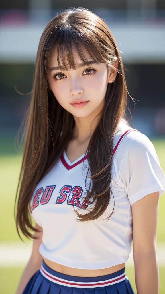 masterpiece, Highest quality, Very detailed, High resolution, (Realistic, photoRealistic:1.37), Excellent anatomy, One beautiful woman, Cheerleader, A small smile, cheer leading, Cheerleader uniform, (shape), Micro Pleated Mini Skirt, ((Very delicate and beautiful)), (Bokeh, Blurred outdoor background), Brown Hair, Long Hair, bangs,Very beautiful face, Cute type, Big Natural Color Lip, Big and pretty eyes, Brown eyes, Obvious double, Small and cute nose, Brown eyes, Shiny highlight spots around the eyes, Character Focus, Tilt your head, The best light, Best Shadow, mysterious, Perfect Face, Very detailed, Soft Skin, (Glowing Skin, Sweaty: 1.2)'Beautiful feet, Voluptuous thighs, Plump body, Huge breasts, (Expresses the roundness and softness of the chest area.........1), Beautiful body, (The perfect woman),