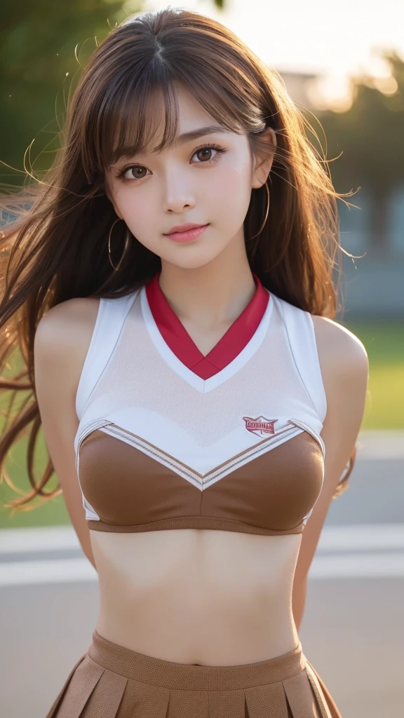 masterpiece, Highest quality, Very detailed, High resolution, (Realistic, photoRealistic:1.37), Excellent anatomy, One beautiful woman, Cheerleader, A small smile, cheer leading, Cheerleader uniform, (shape), Micro Pleated Mini Skirt, ((Very delicate and beautiful)), (Bokeh, Blurred outdoor background), Brown Hair, Long Hair, bangs,Very beautiful face, Cute type, Big Natural Color Lip, Big and pretty eyes, Brown eyes, Obvious double, Small and cute nose, Brown eyes, Shiny highlight spots around the eyes, Character Focus, Tilt your head, The best light, Best Shadow, mysterious, Perfect Face, Very detailed, Soft Skin, (Glowing Skin, Sweaty: 1.2)'Beautiful feet, Voluptuous thighs, Plump body, Huge , (Expresses the roundness and softness of the chest area.........1), Beautiful body, (The perfect woman),