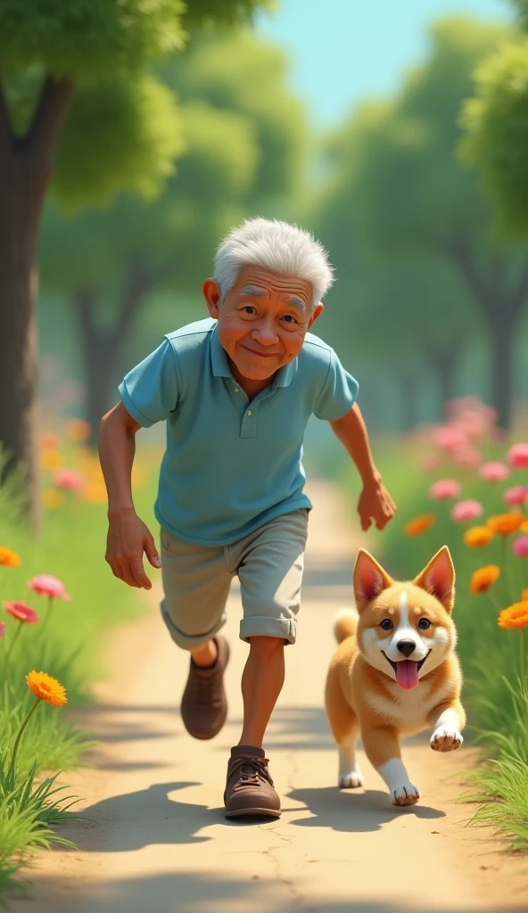 Mr. Tu is an old man over 60 years old., skinny, dark skin, short neat silver hair. He wore a light blue short-sleeved shirt., light gray khaki pants, brown rubber sandals. His face was full of wrinkles but gentle and cheerful..The Shoe Lost In A Hurry, Mr. Tu dropped a shoe and had to go back to look for it while the dog was still chasing him.. 3D image 